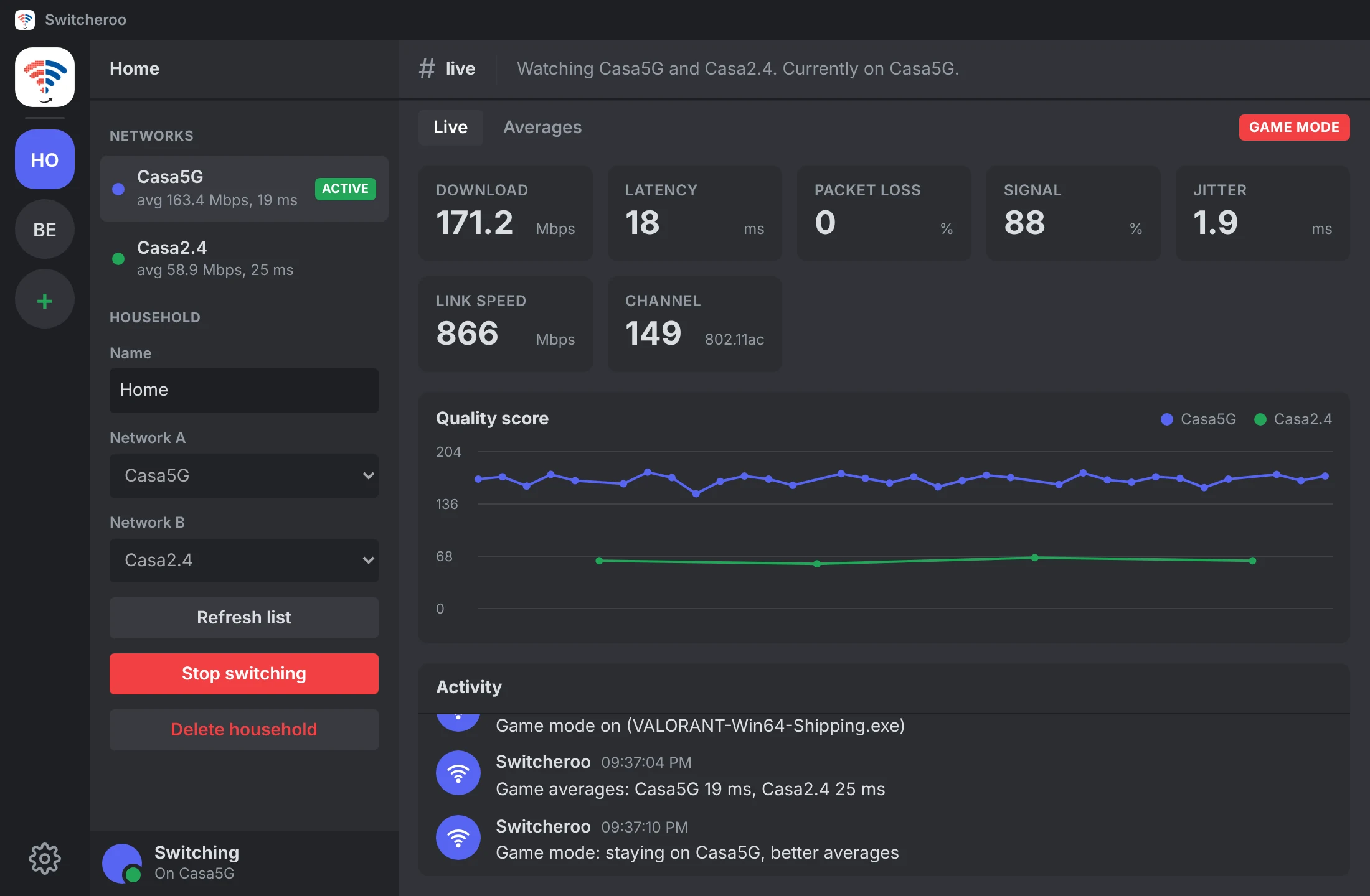 Game mode on while Valorant runs, the feed saying it stays on the network with the better averages