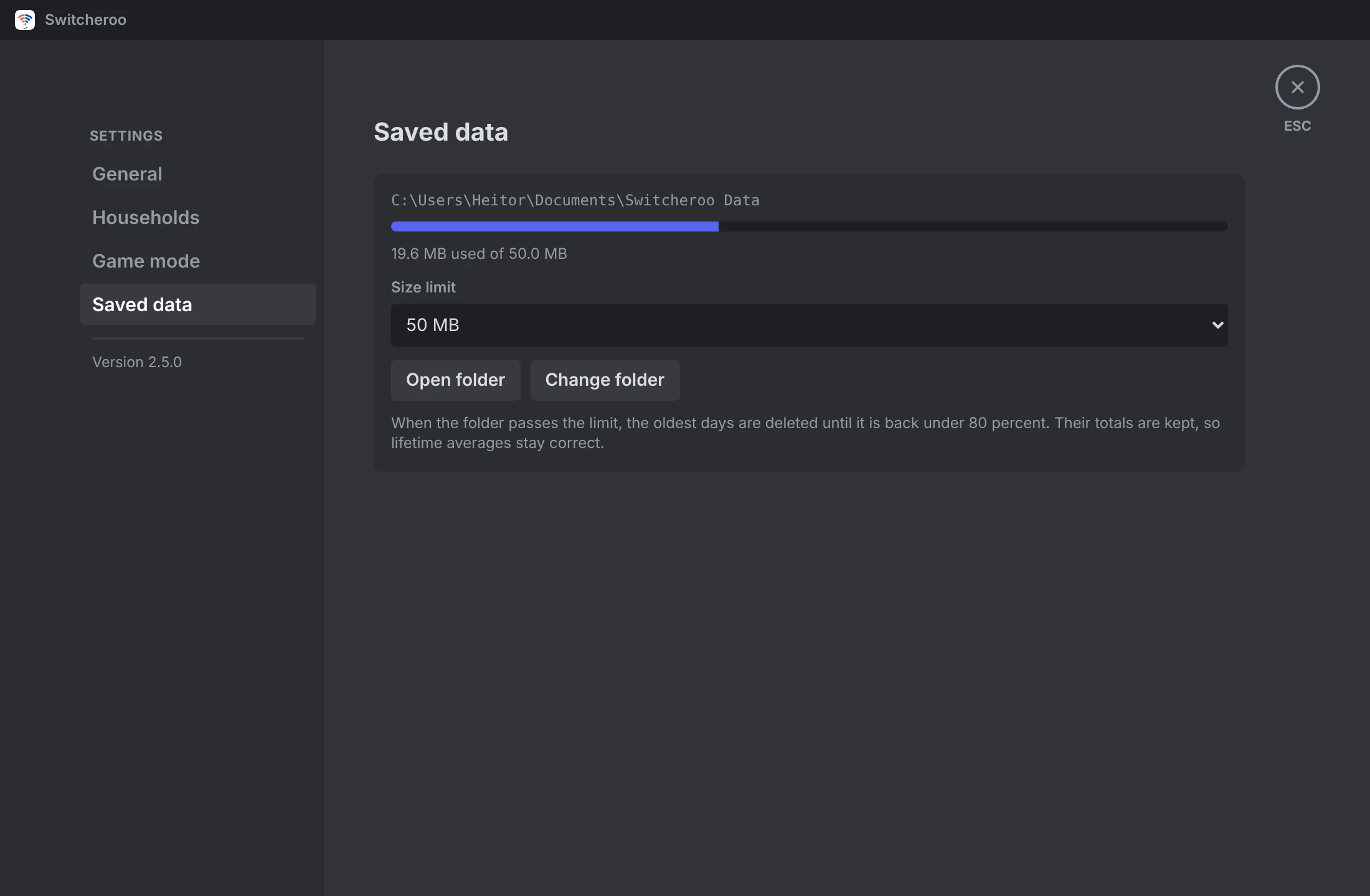 Settings, Saved data: the data folder, 19.6 MB used of 50 MB, and the size limit