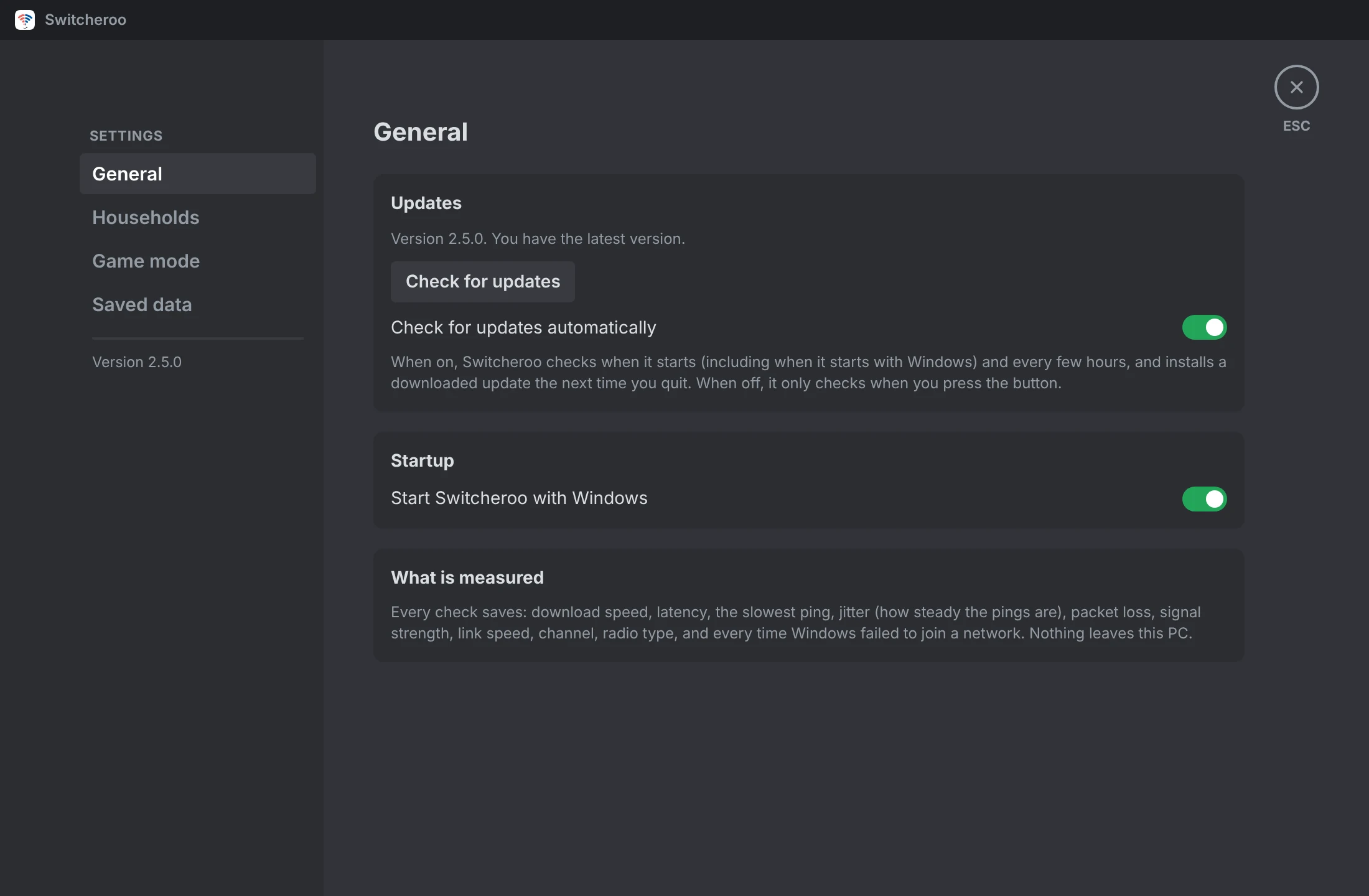 Settings, General: version 2.5.0, automatic updates and start with Windows